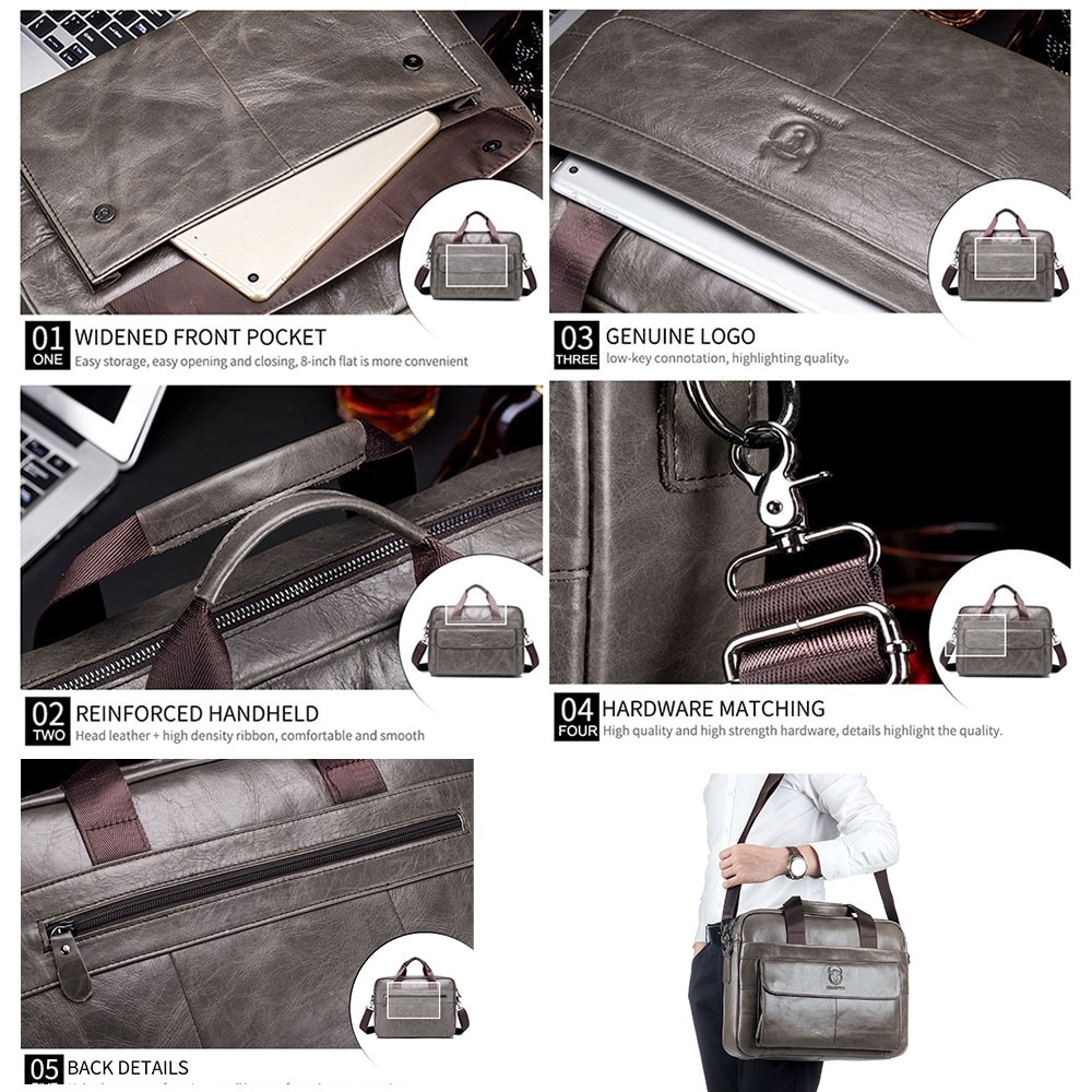 Borsa per laptop in pelle con tracolla, grigio