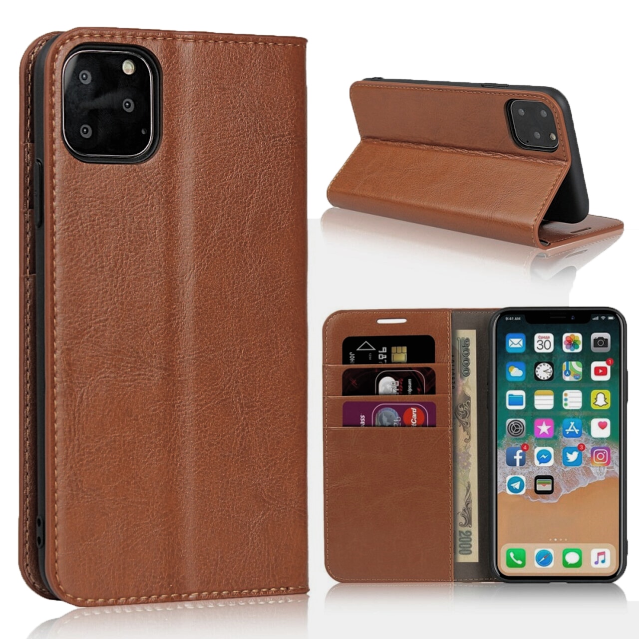 Cover Portafoglio in vera pelle iPhone 11 Pro marrone