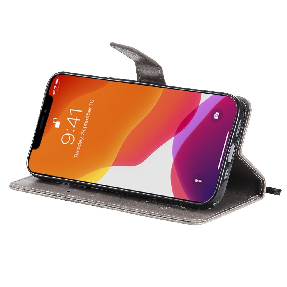 Custodia in pelle a farfalle per Apple iPhone 13, Grigio