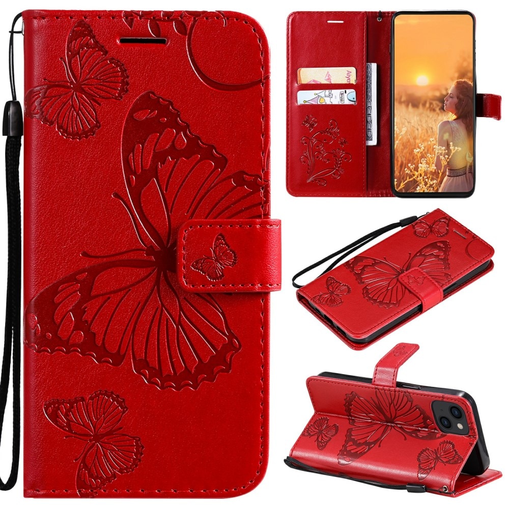 Custodia in pelle a farfalle per iPhone 13, rosso