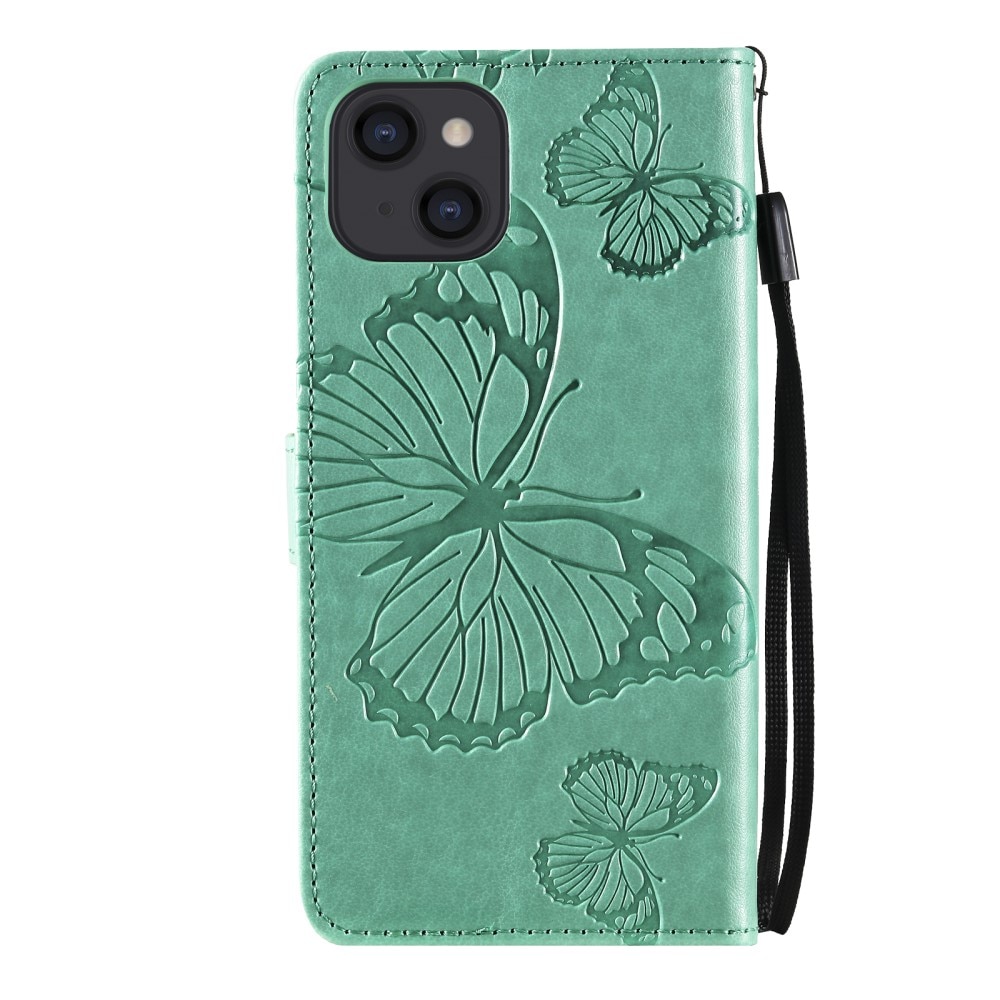 Custodia in pelle a farfalle per iPhone 13, verde