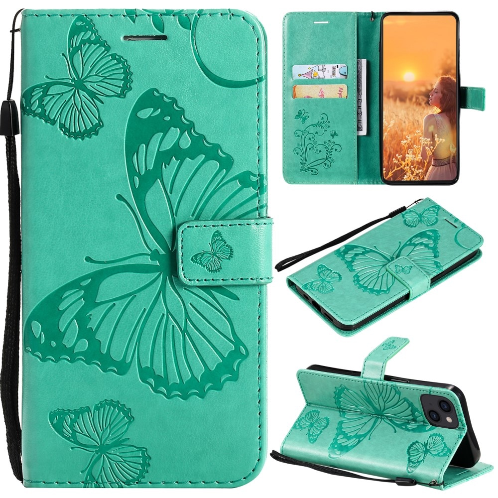 Custodia in pelle a farfalle per iPhone 13, verde