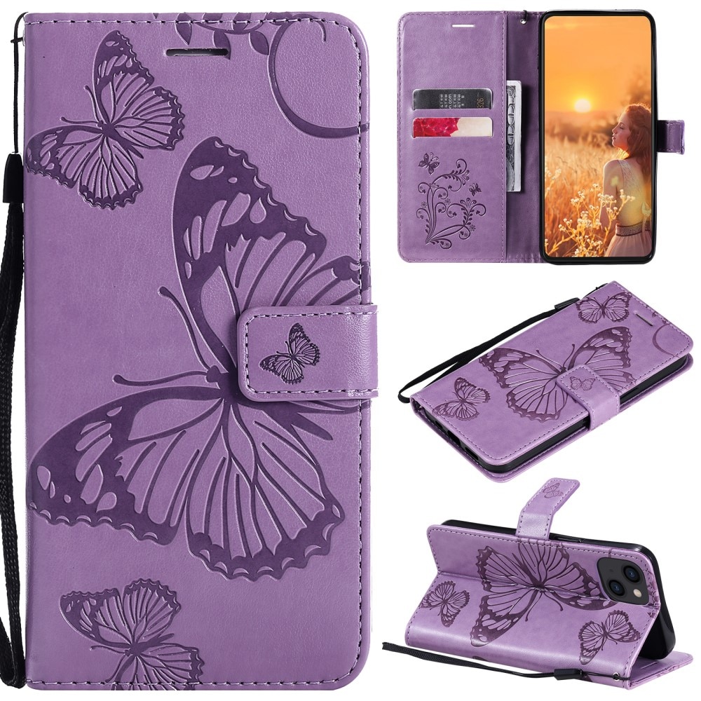 Custodia in pelle a farfalle per iPhone 13, viola