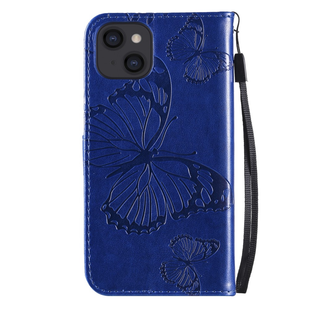 Custodia in pelle a farfalle per iPhone 13, blu