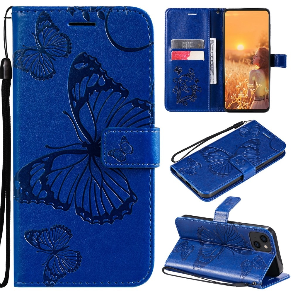 Custodia in pelle a farfalle per iPhone 13, blu