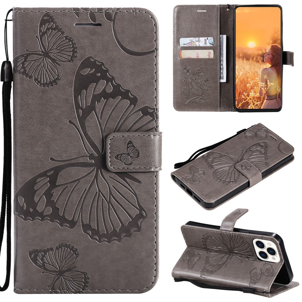 Custodia in pelle a farfalle per Apple iPhone 13 Pro, Grigio