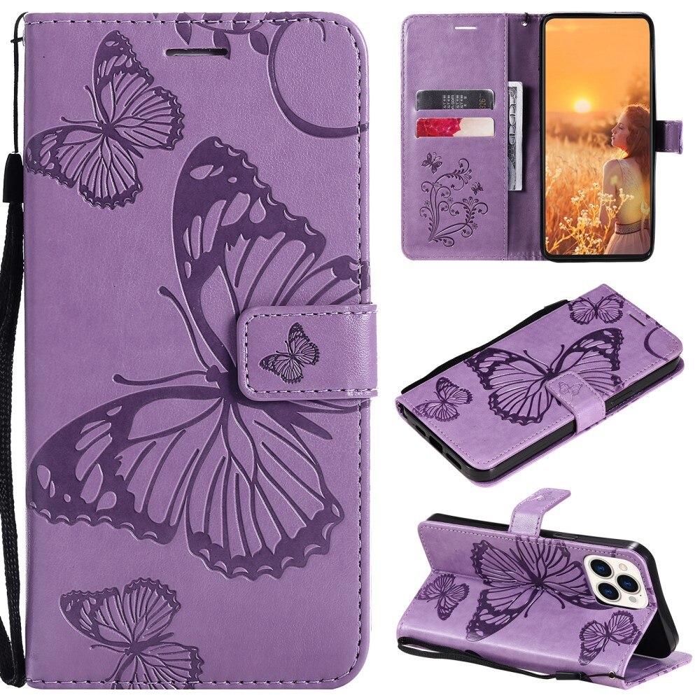 Custodia in pelle a farfalle per iPhone 13 Pro, viola