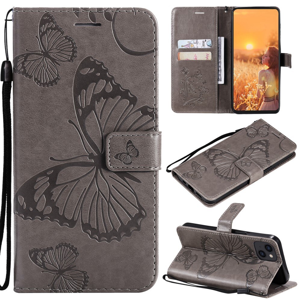 Custodia in pelle a farfalle per Apple iPhone 13 Mini, Grigio