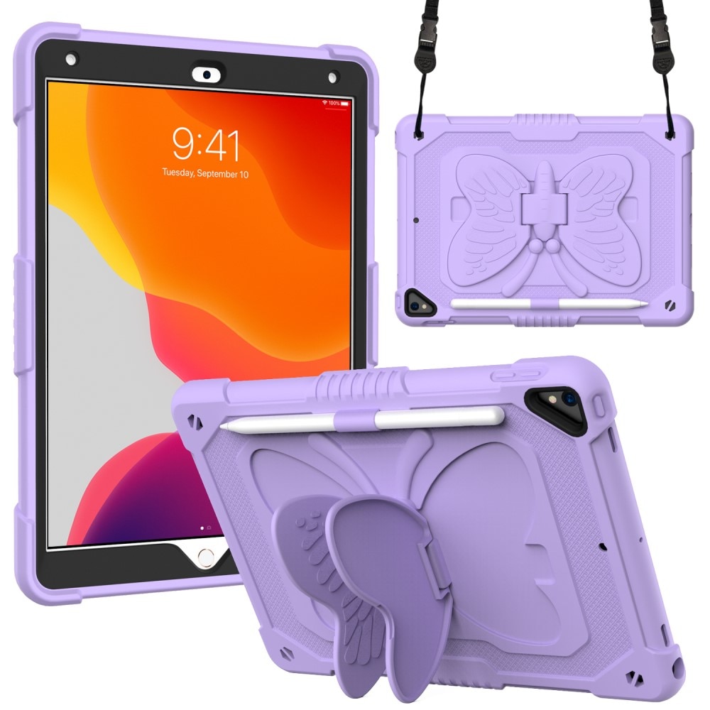 Custodia ibrida con farfalle per iPad 10.2 9th Gen (2021) a tracolla viola