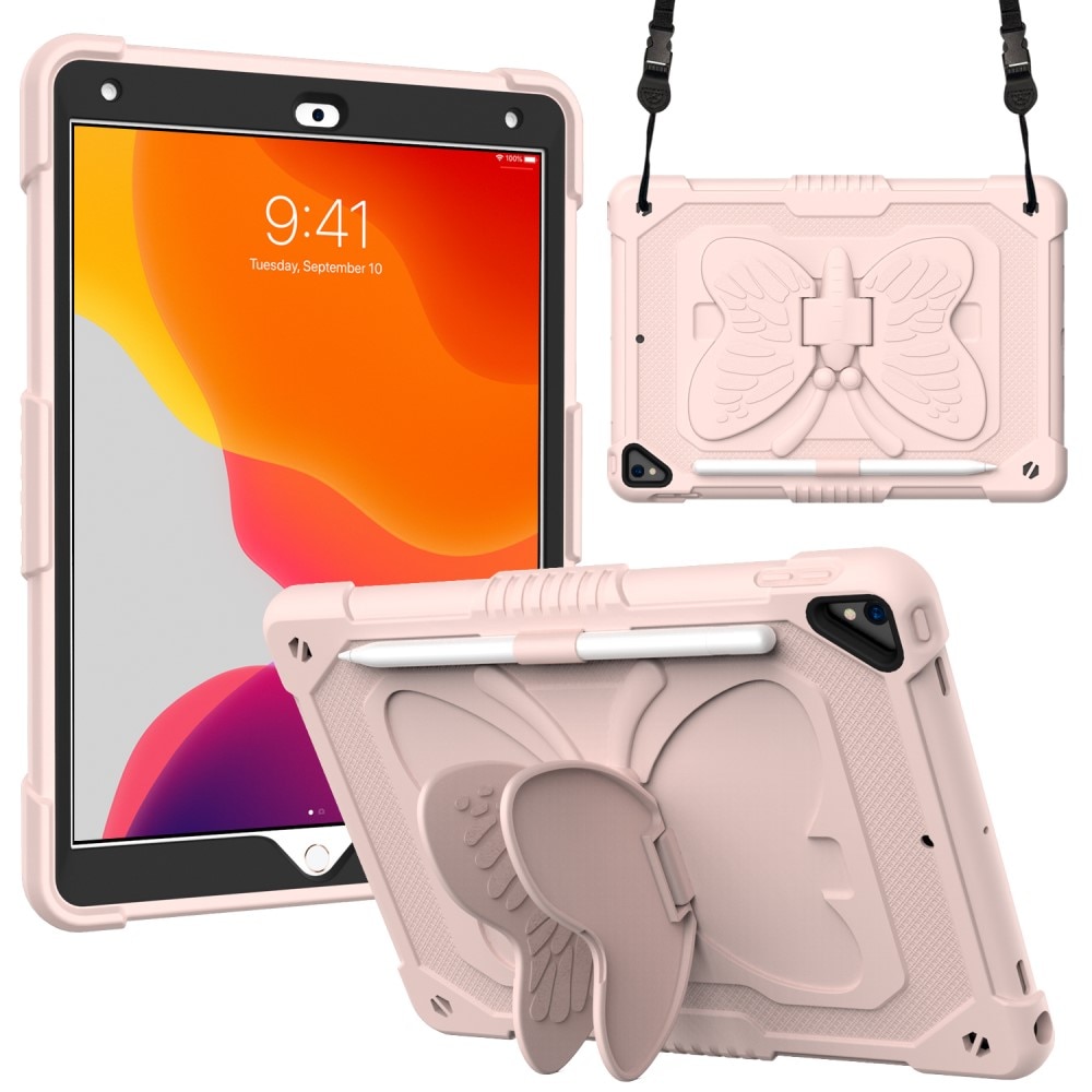 Custodia ibrida con farfalle per iPad 10.2 9th Gen (2021) a tracolla rosa