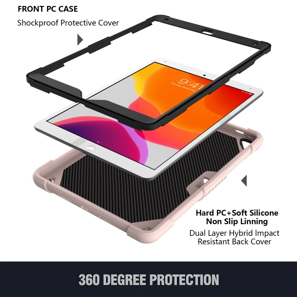 Custodia ibrida con farfalle per iPad 10.2 7th Gen (2019) a tracolla rosa