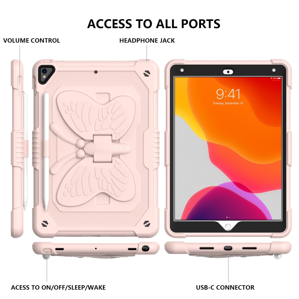 Custodia ibrida con farfalle per iPad 10.2 7th Gen (2019) a tracolla rosa