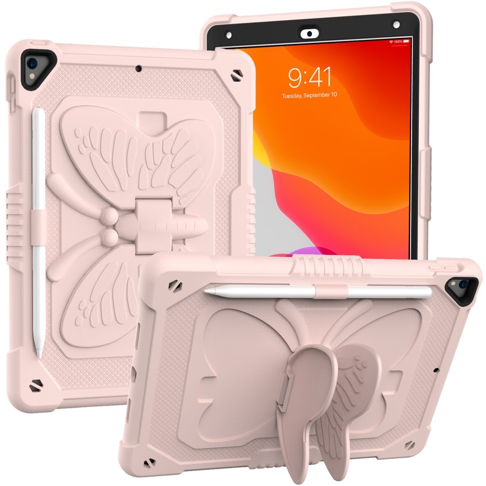 Custodia ibrida con farfalle per iPad 10.2 7th Gen (2019) a tracolla rosa
