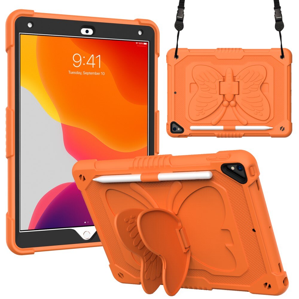 Custodia ibrida con farfalle per iPad 10.2 7th Gen (2019) a tracolla arancia