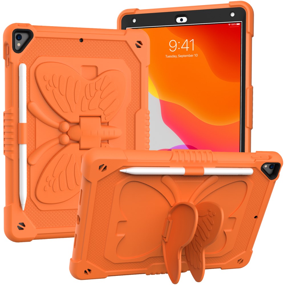Custodia ibrida con farfalle per iPad 10.2 9th Gen (2021) a tracolla arancia