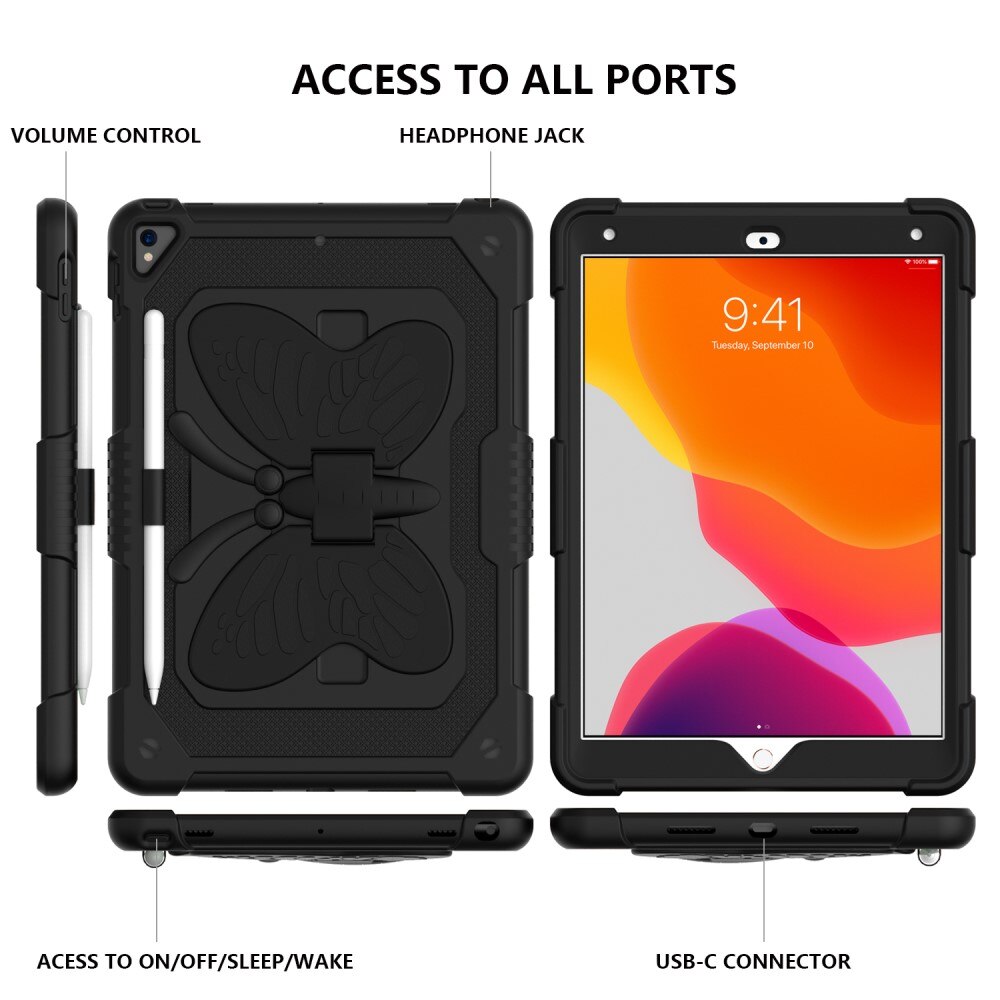 Custodia ibrida con farfalle per iPad 10.2 7th Gen (2019) a tracolla nero
