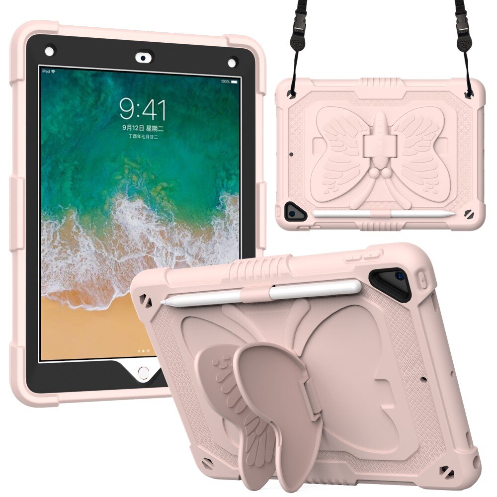 Custodia ibrida con farfalle per iPad 9.7 6th Gen (2018) a tracolla rosa