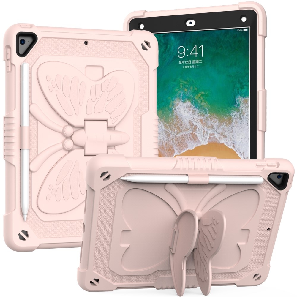 Custodia ibrida con farfalle per iPad 9.7 5th Gen (2017) a tracolla rosa
