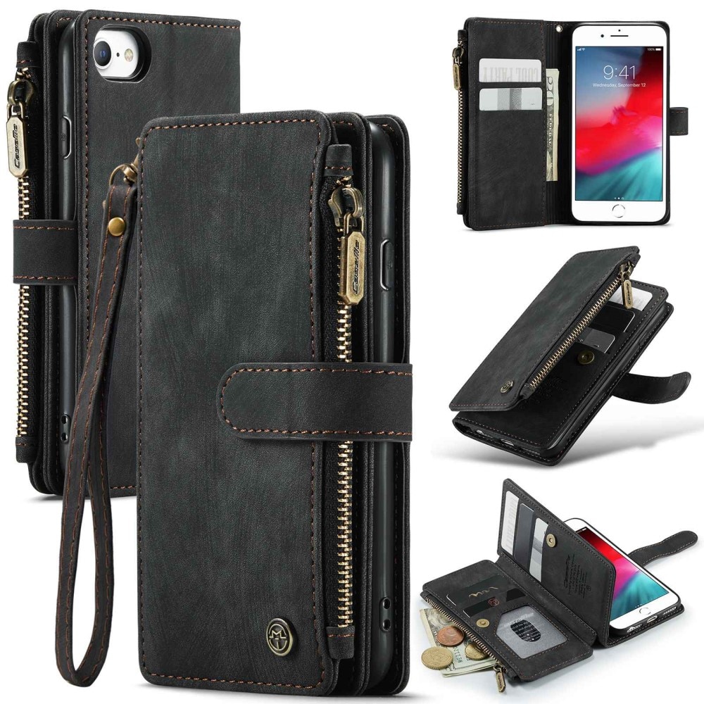 Custodie a portafoglio Zipper iPhone 6/6S/7/8/SE Nero