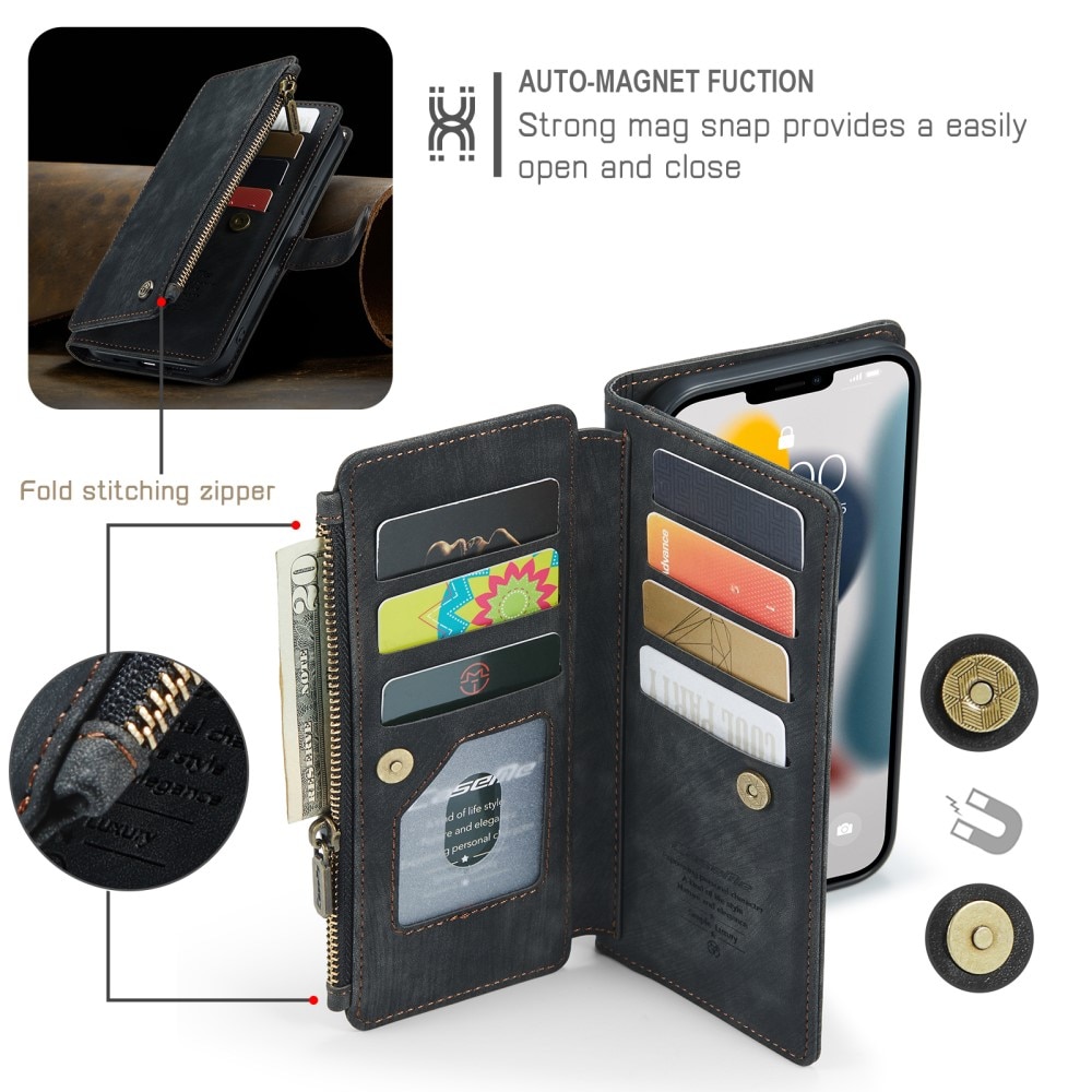 Custodie a portafoglio Zipper iPhone 13 Pro Max Nero