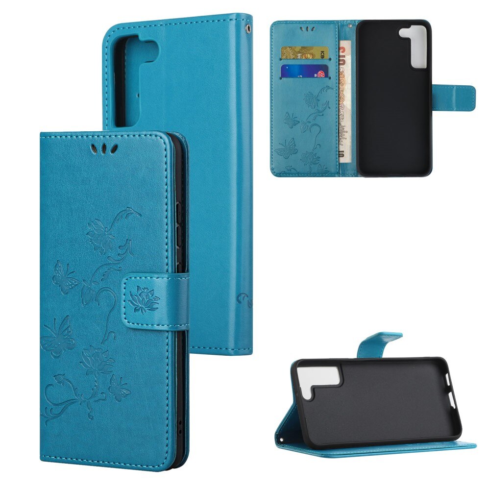 Custodia in pelle a farfalle per Samsung Galaxy S22 Plus, blu