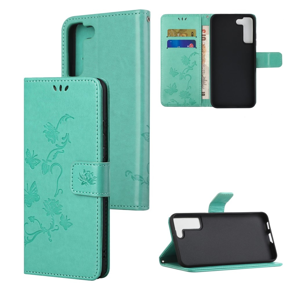 Custodia in pelle a farfalle per Samsung Galaxy S22 Plus, verde