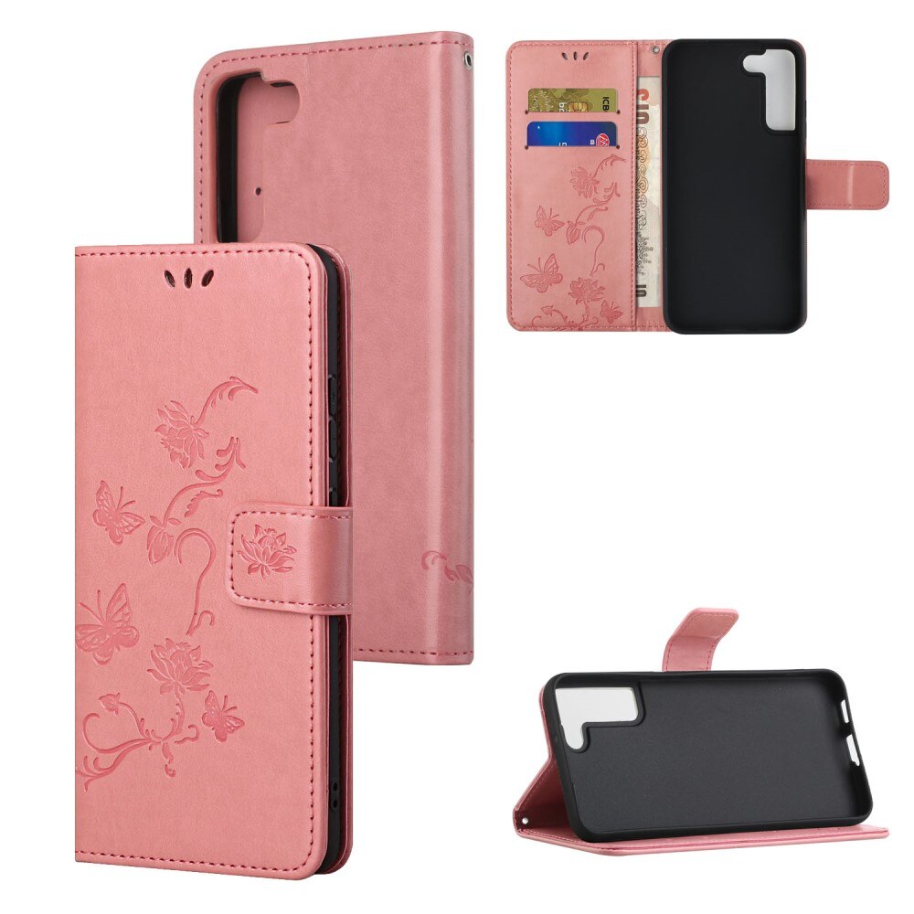 Custodia in pelle a farfalle per Samsung Galaxy S22 Plus, rosa