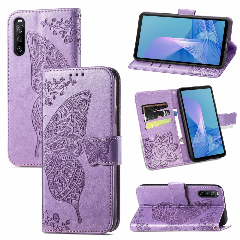 Custodia in pelle a farfalle per Sony Xperia 10 III, viola