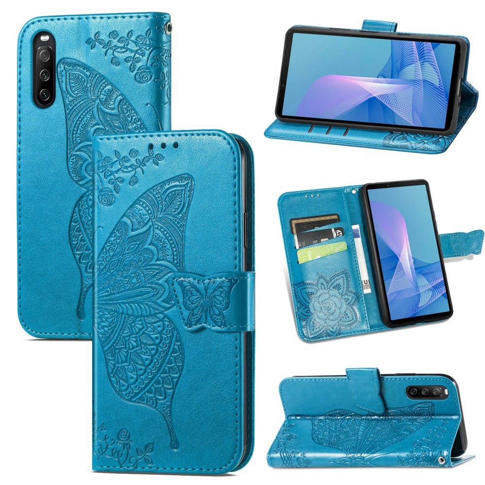 Custodia in pelle a farfalle per Sony Xperia 10 III, Blu