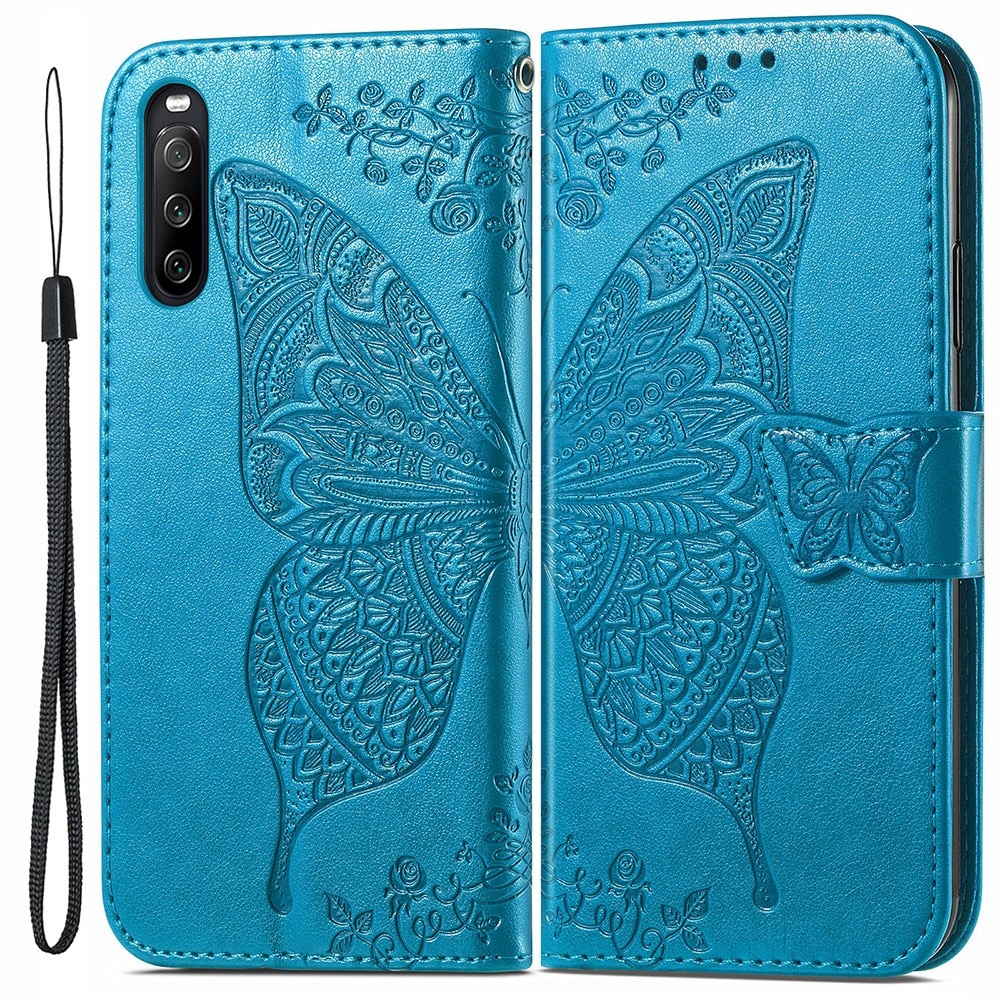 Custodia in pelle a farfalle per Sony Xperia 10 III, blu