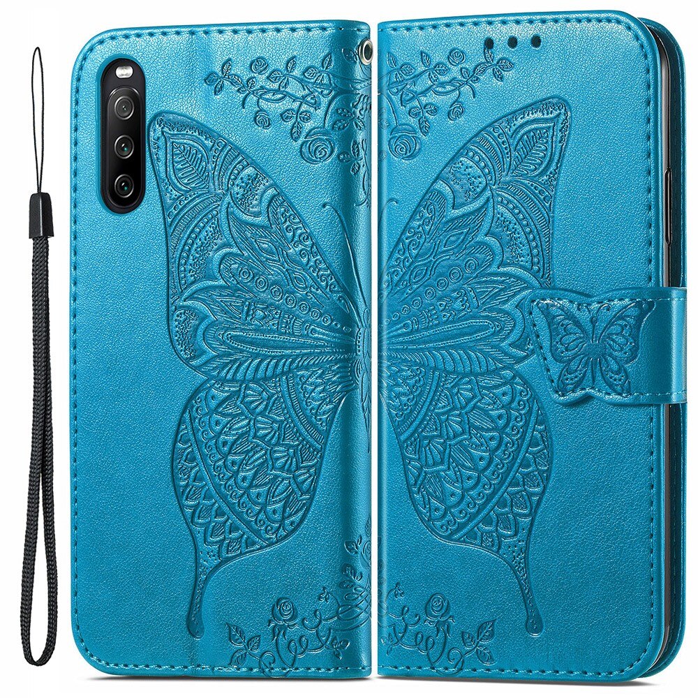 Custodia in pelle a farfalle per Sony Xperia 10 III, Blu