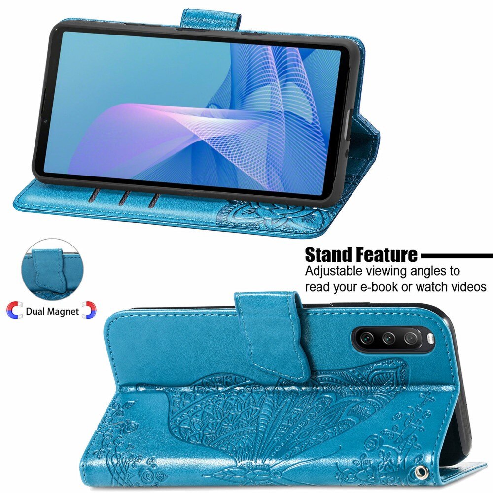 Custodia in pelle a farfalle per Sony Xperia 10 III, Blu