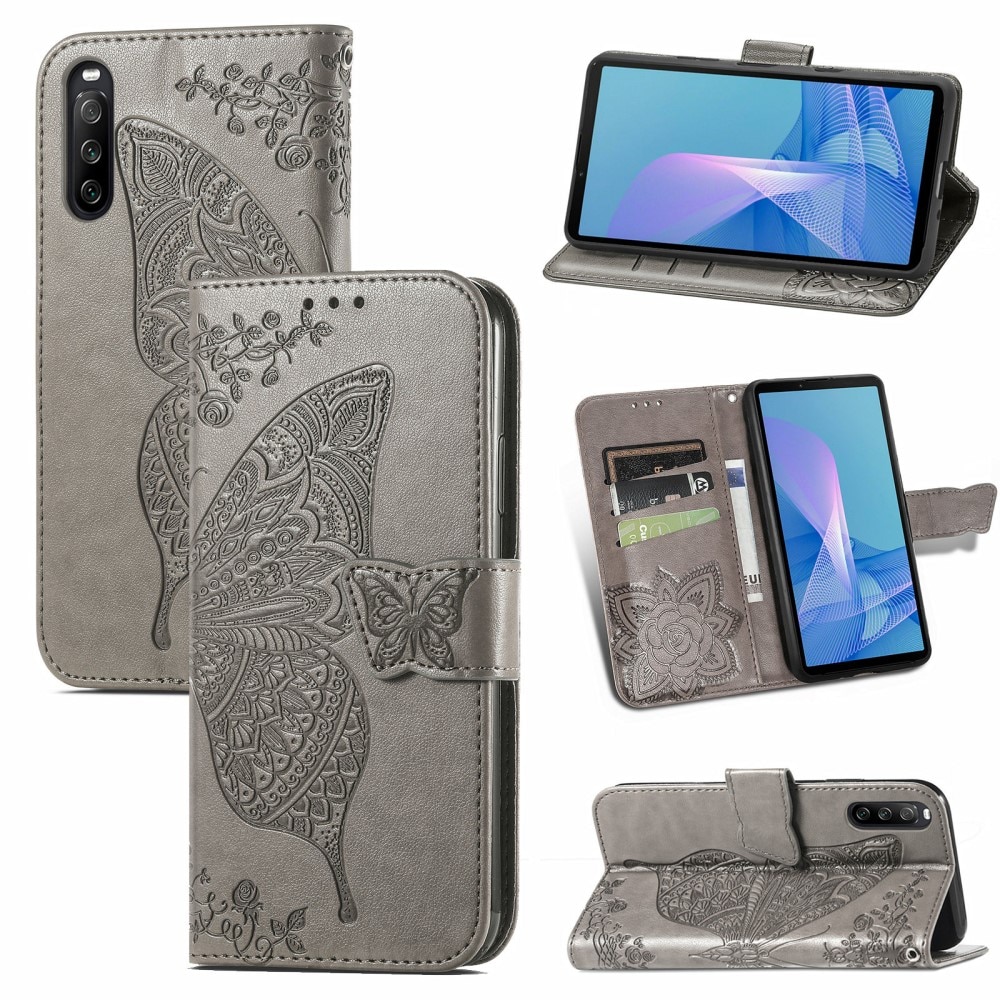 Custodia in pelle a farfalle per Sony Xperia 10 III, Grigio