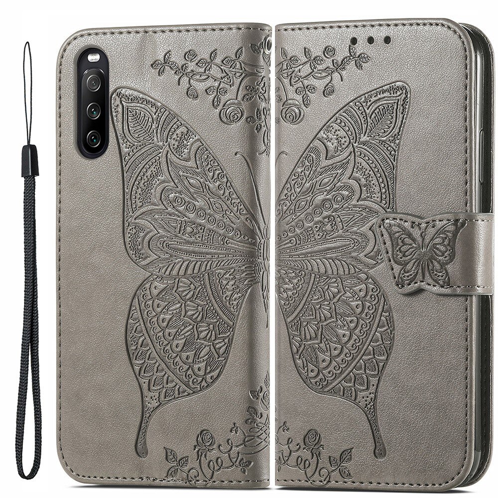 Custodia in pelle a farfalle per Sony Xperia 10 III, Grigio