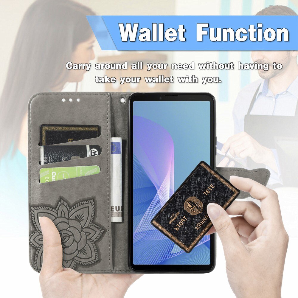 Custodia in pelle a farfalle per Sony Xperia 10 III, Grigio