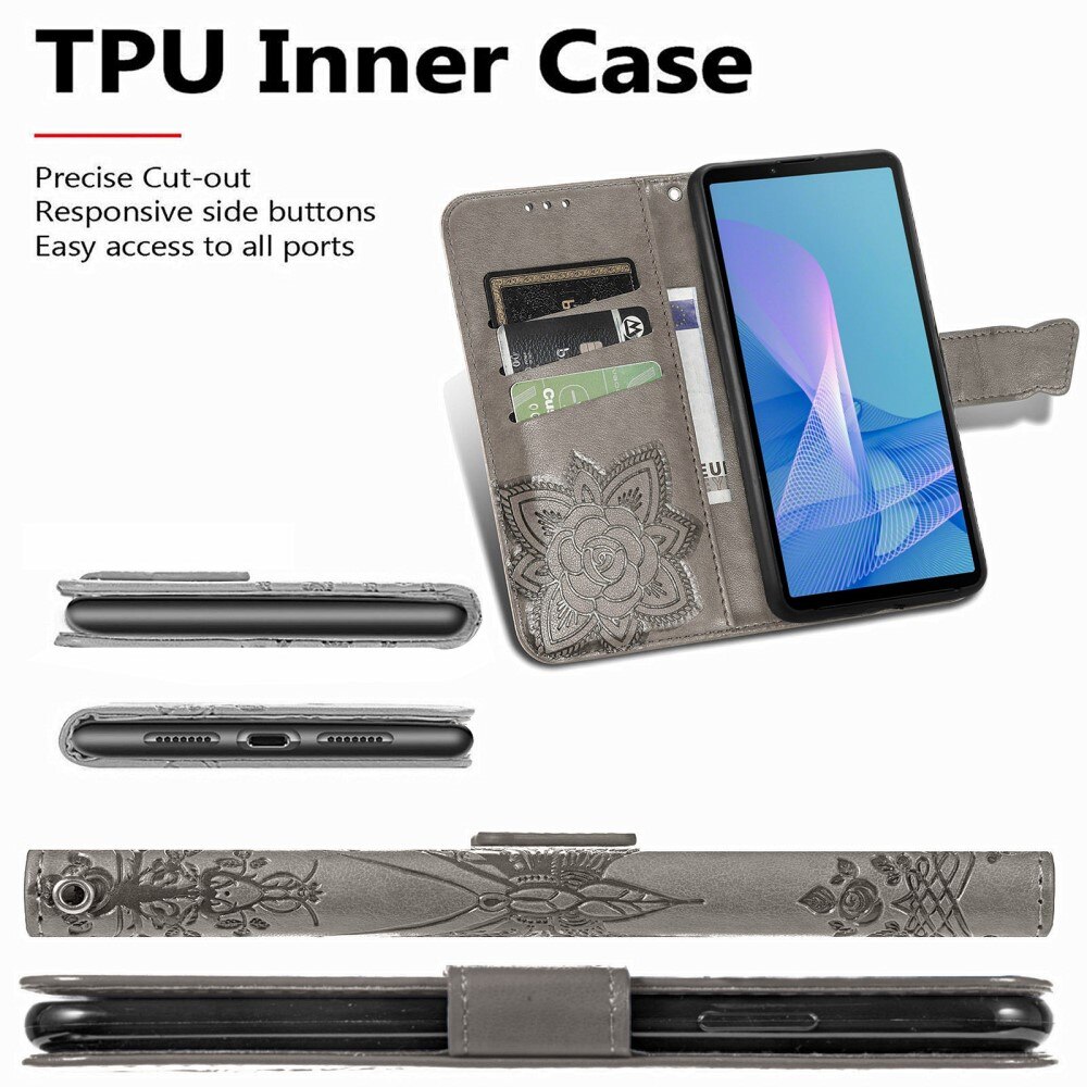 Custodia in pelle a farfalle per Sony Xperia 10 III, Grigio