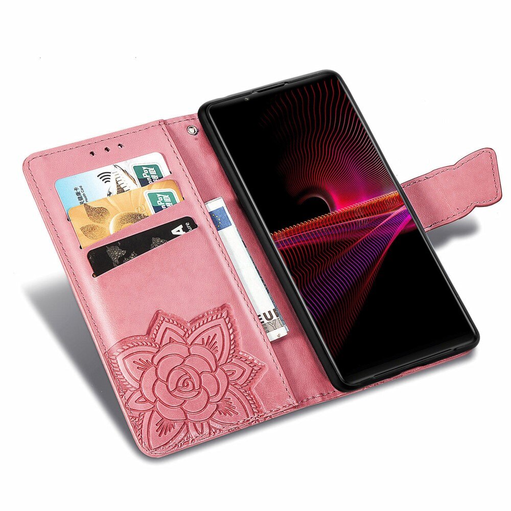 Custodia in pelle a farfalle per Sony Xperia 1 III, Rosa