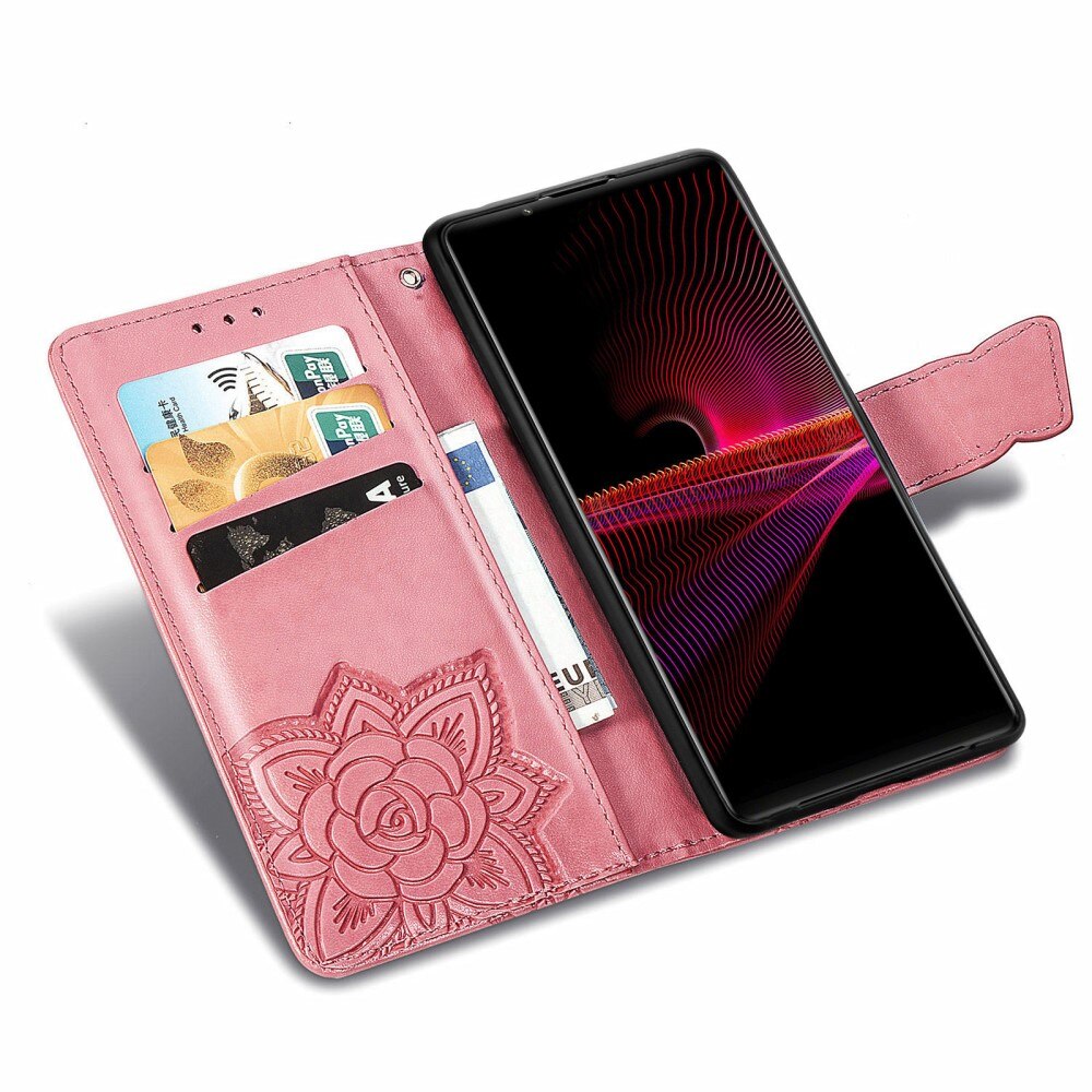 Custodia in pelle a farfalle per Sony Xperia 1 III, rosa