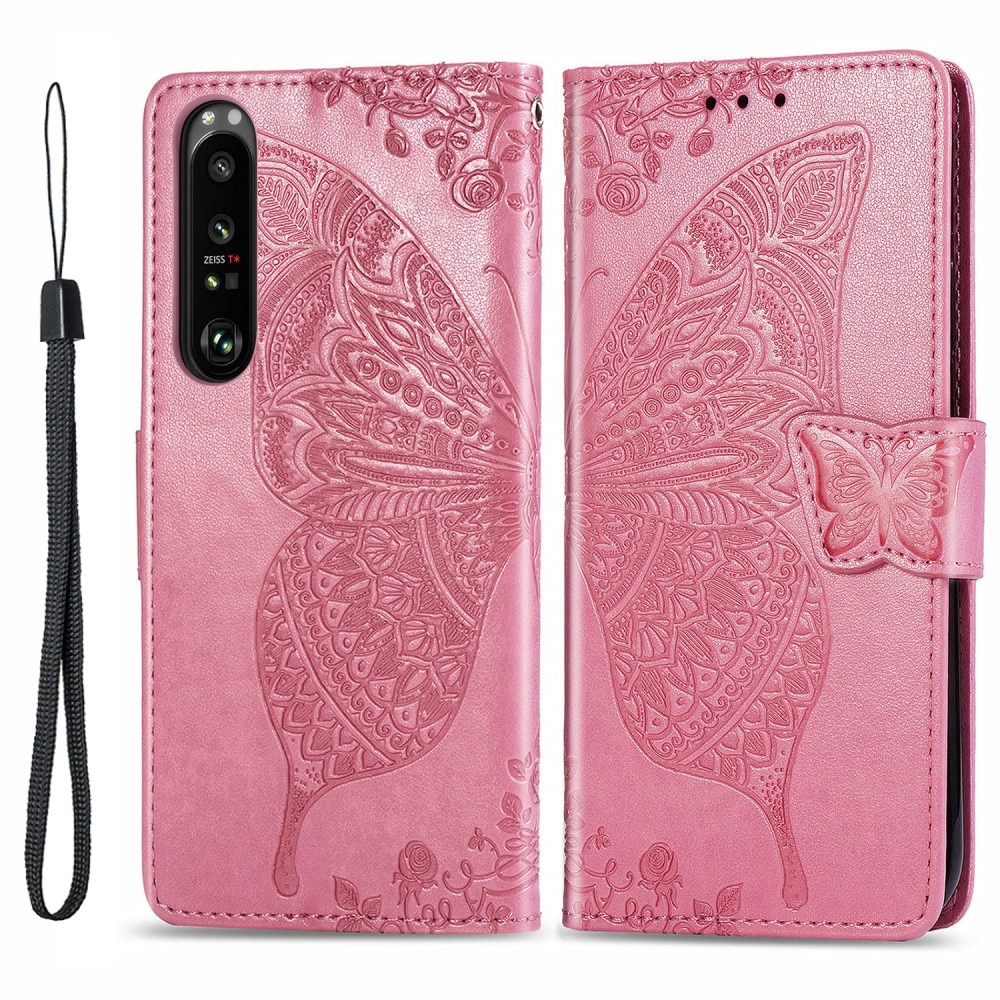 Custodia in pelle a farfalle per Sony Xperia 1 III, rosa