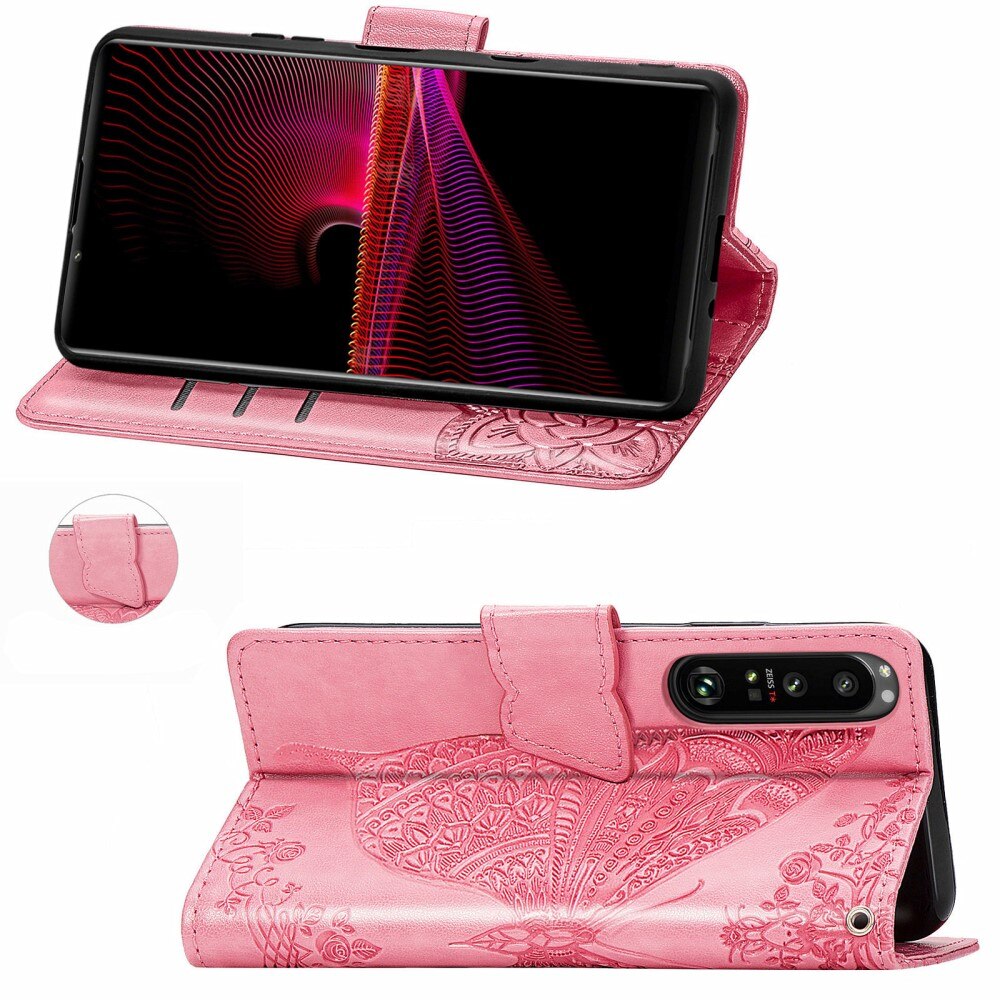 Custodia in pelle a farfalle per Sony Xperia 1 III, Rosa
