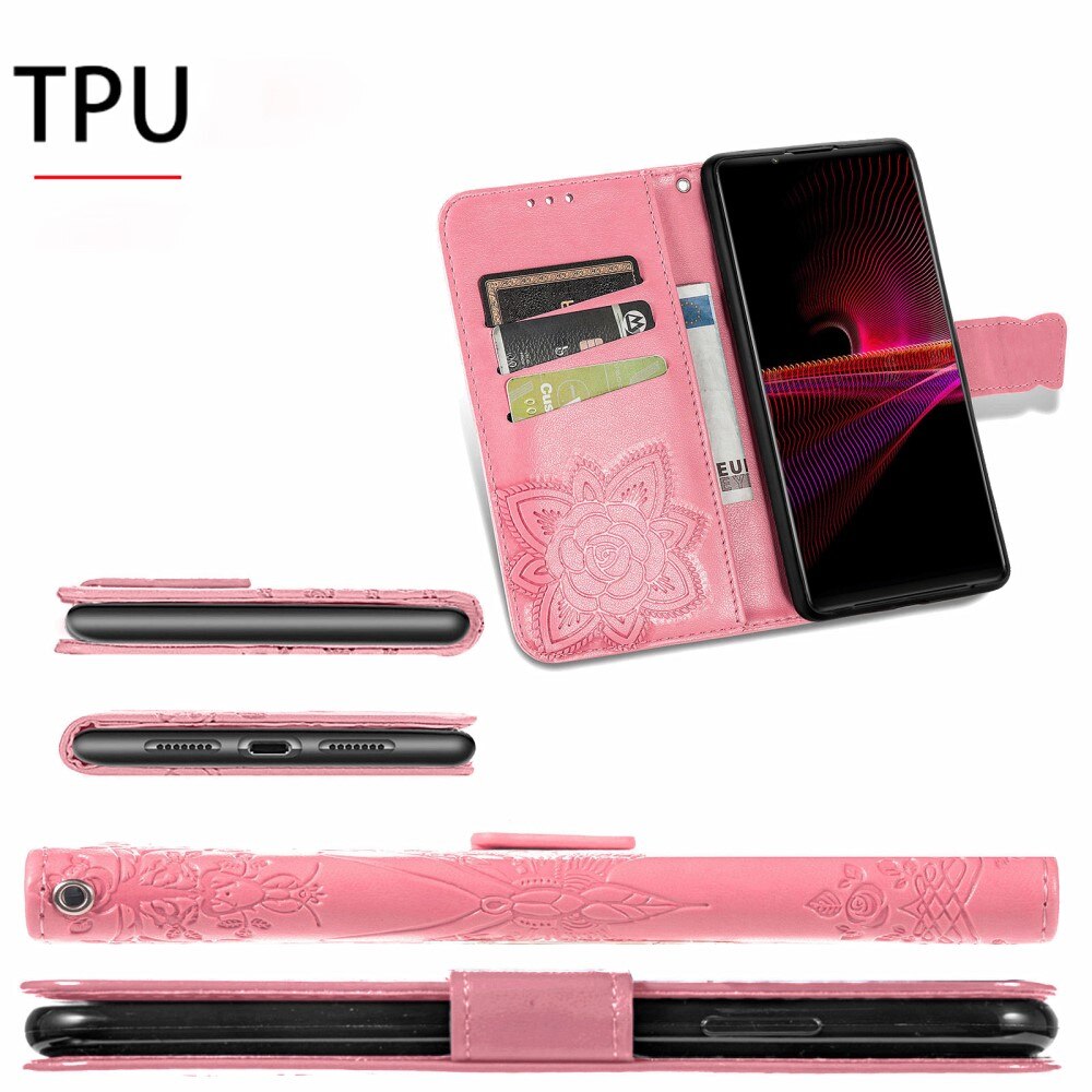 Custodia in pelle a farfalle per Sony Xperia 1 III, Rosa