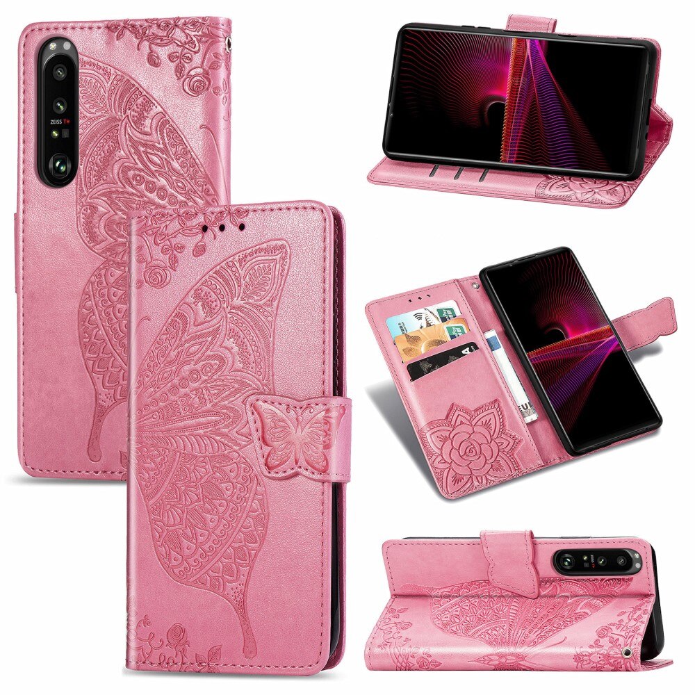 Custodia in pelle a farfalle per Sony Xperia 1 III, rosa