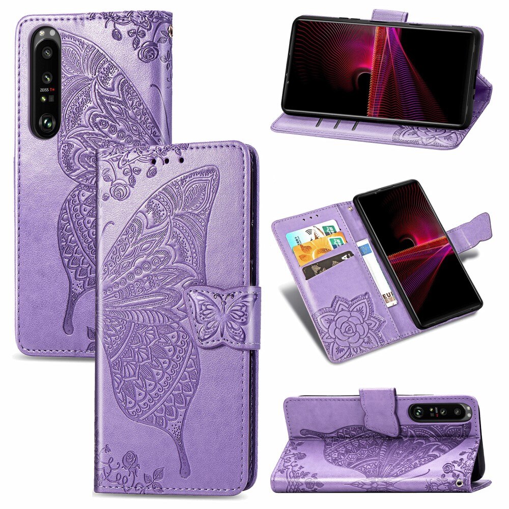 Custodia in pelle a farfalle per Sony Xperia 1 III, Viola