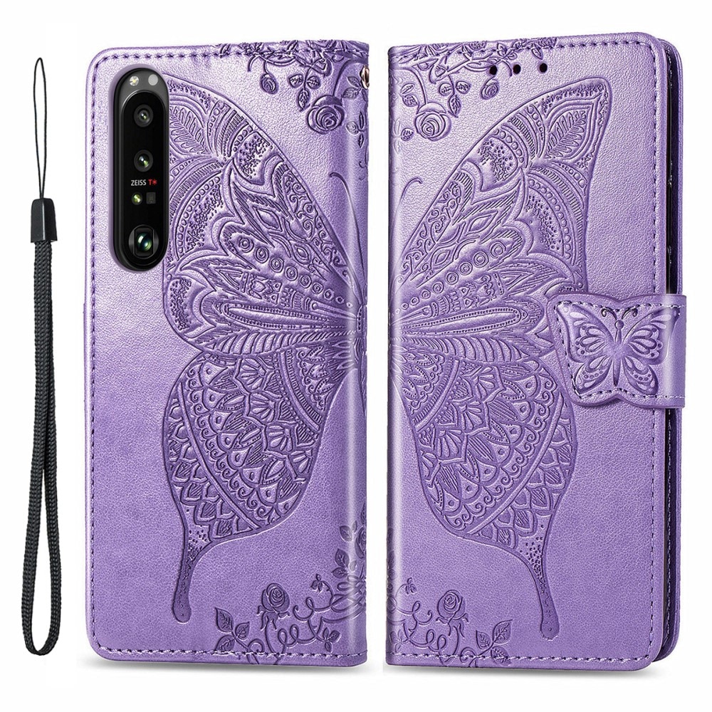 Custodia in pelle a farfalle per Sony Xperia 1 III, Viola