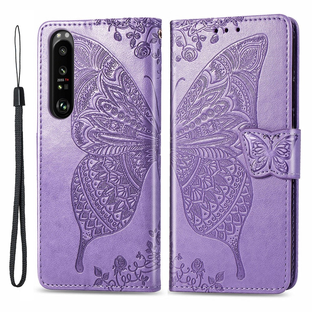 Custodia in pelle a farfalle per Sony Xperia 1 III, viola