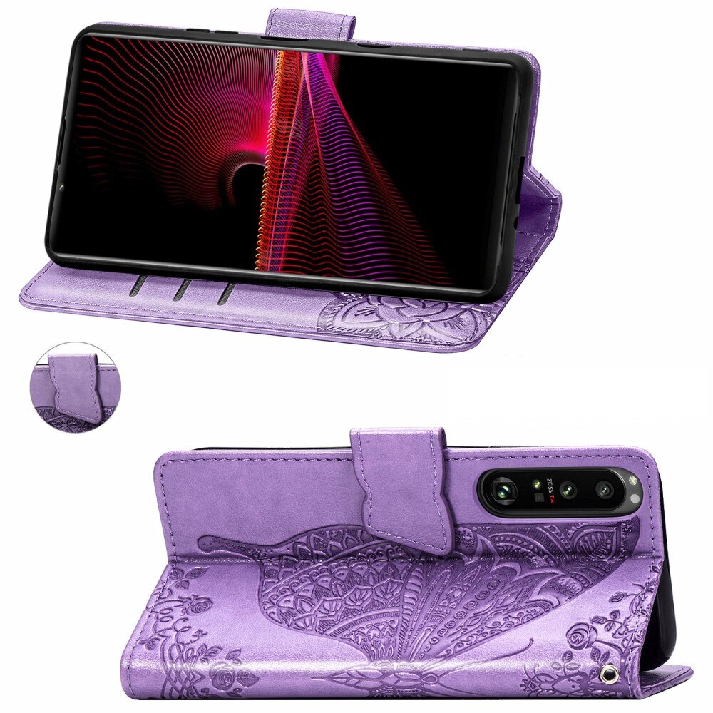 Custodia in pelle a farfalle per Sony Xperia 1 III, viola