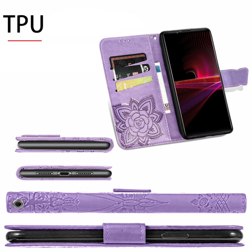Custodia in pelle a farfalle per Sony Xperia 1 III, Viola