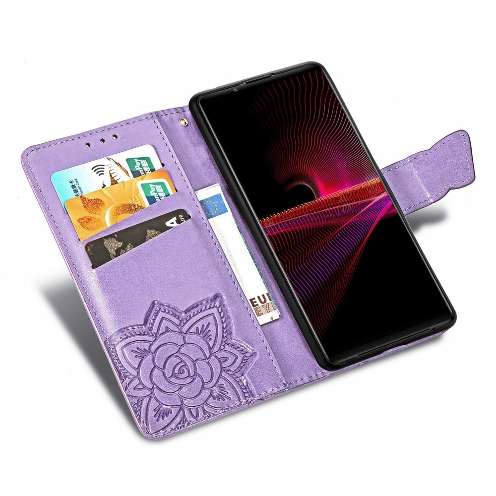 Custodia in pelle a farfalle per Sony Xperia 1 III, Viola