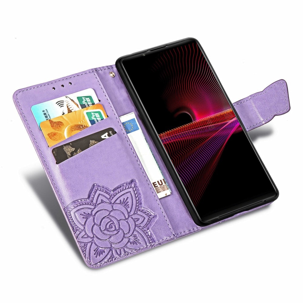 Custodia in pelle a farfalle per Sony Xperia 1 III, viola