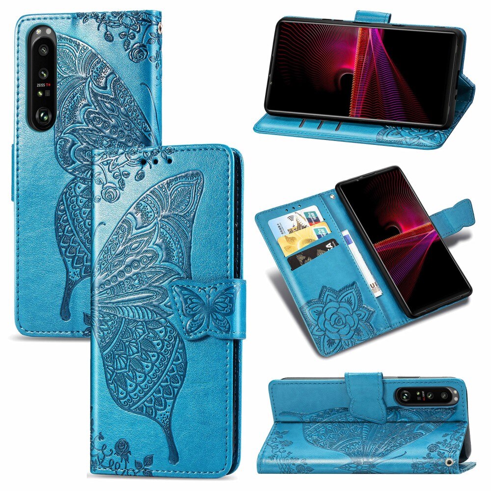 Custodia in pelle a farfalle per Sony Xperia 1 III, blu